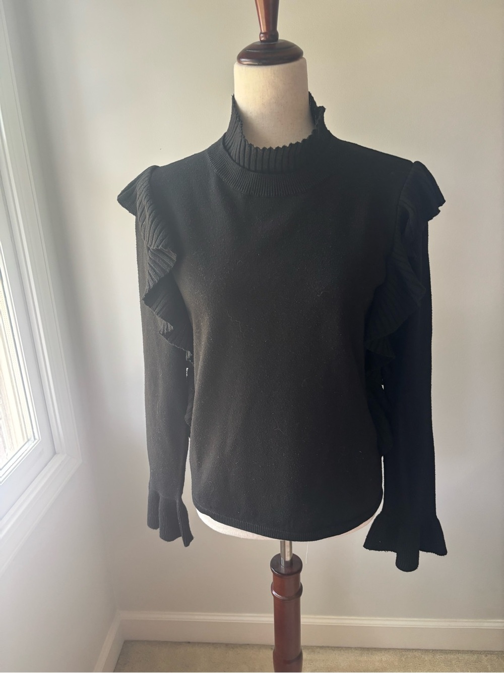 Moth Black Ruffle-Trim Mock Neck Sweater